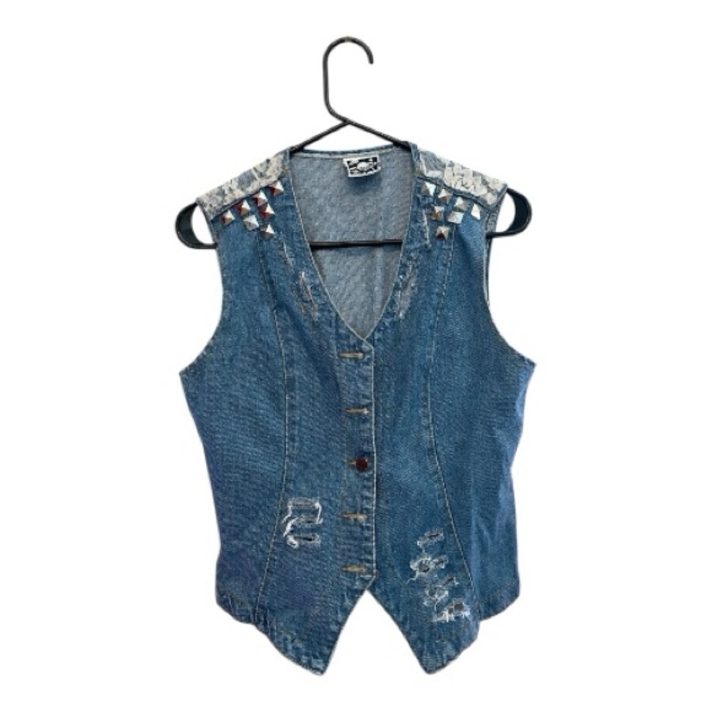 Vintage Y2K Era Planet Jeans Blue Denim Distressed Vest w Silver Studs & Lace S